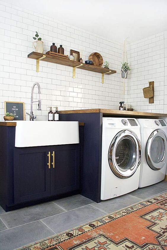 Navy and white laundry room