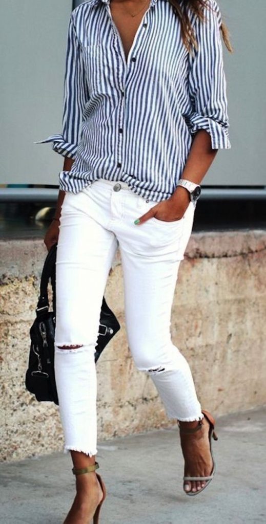 white jeans and striped top